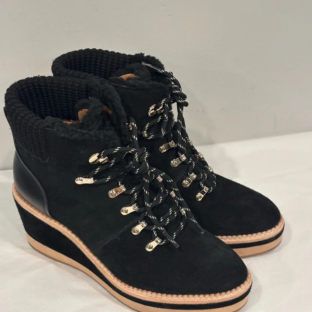 Kate Spade Willow Wedge Black Suede and Tan Lace Up Boots - Picture 5 of 10